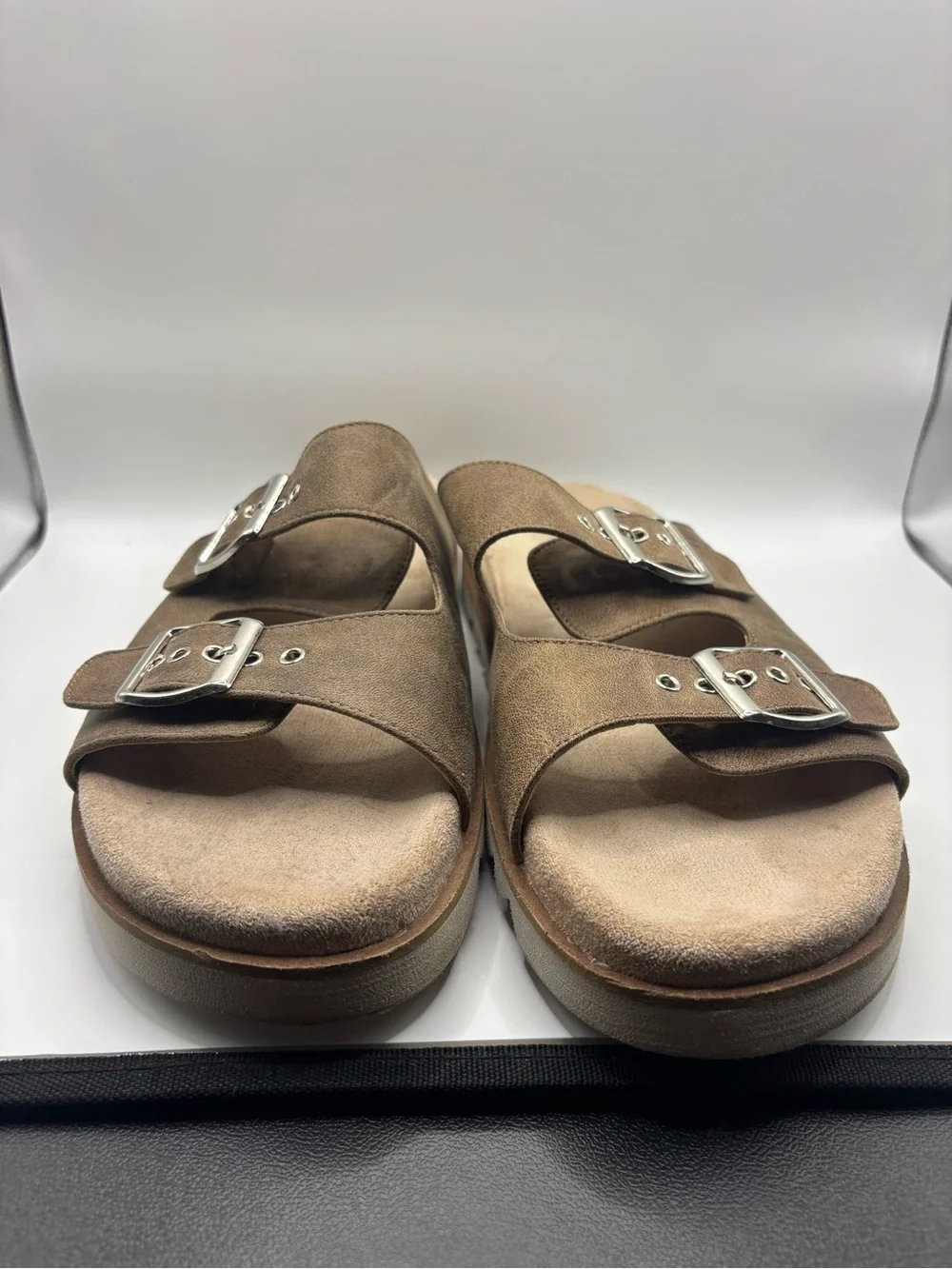 Corkys Taupe Suede Double-Buckle Slide Sandals